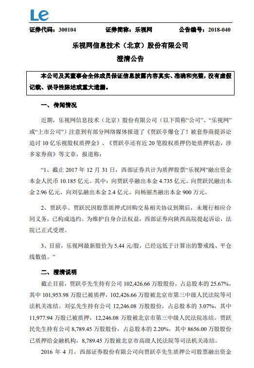 乐视网贾跃亭所有股票质押式回购交易均已违约 乐视网贾跃亭所有股票质押式回购交易均已违约