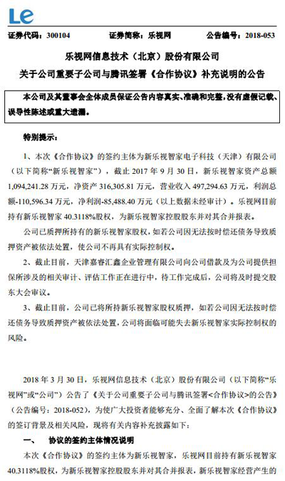 与腾讯签约的新乐视智家，早已被贾跃亭质押